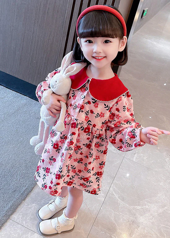 Cute Red Peter Pan Collar Print Cotton Girls Dresses Long Sleeve - Image 4