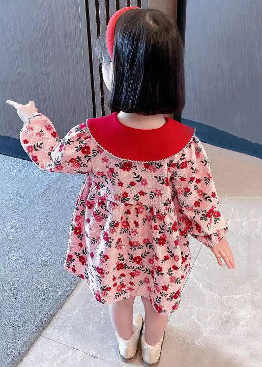 Cute Red Peter Pan Collar Print Cotton Girls Dresses Long Sleeve - Image 5