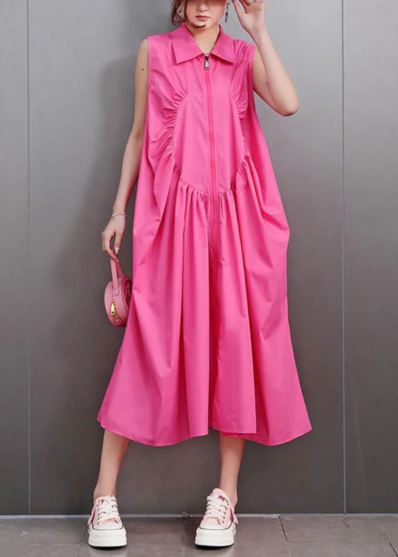 Cute Red Peter Pan Collar Zippered Maxi Dress Sleeveless