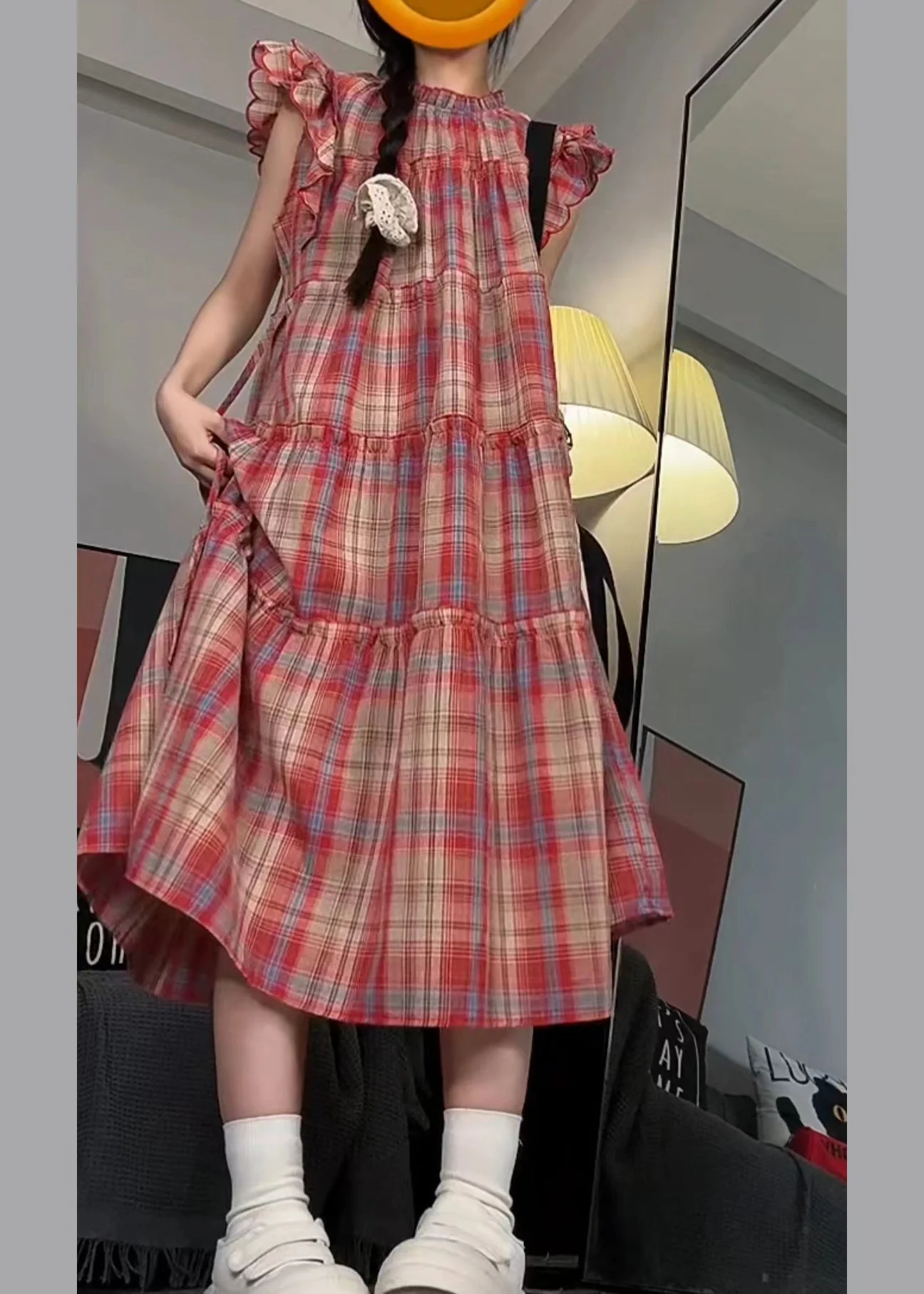 Cute Red Ruffled Patchwork Long Dress Short Sleeve - Image 4