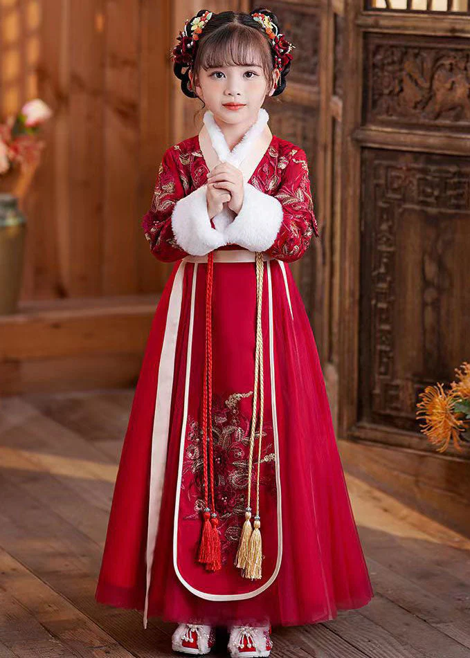 Cute Red Tie Waist Embroideried Patchwork Tulle Kids Maxi Dresses Long Sleeve