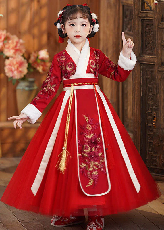 Cute Red Tie Waist Embroideried Patchwork Tulle Kids Maxi Dresses Long Sleeve - Image 2
