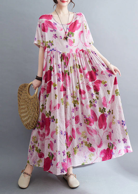 Cute Rose O-Neck Print Wrinkled Maxi Dresses Short Sleeve - Image 4