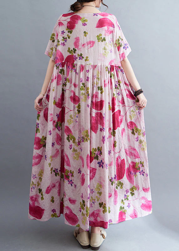 Cute Rose O-Neck Print Wrinkled Maxi Dresses Short Sleeve - Image 5