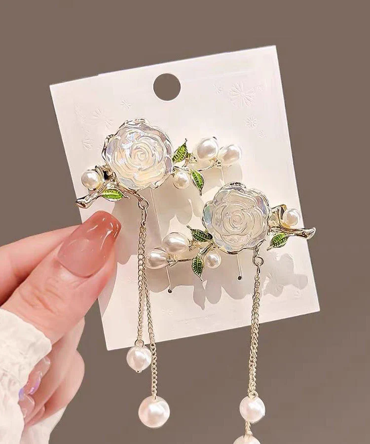 Cute White Alloy Colored Glaze Camellia Pearl Tassel A Pair Hairpin - Image 2