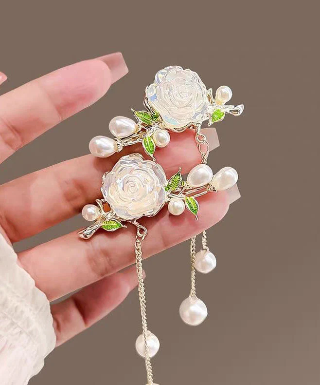 Cute White Alloy Colored Glaze Camellia Pearl Tassel A Pair Hairpin - Image 3