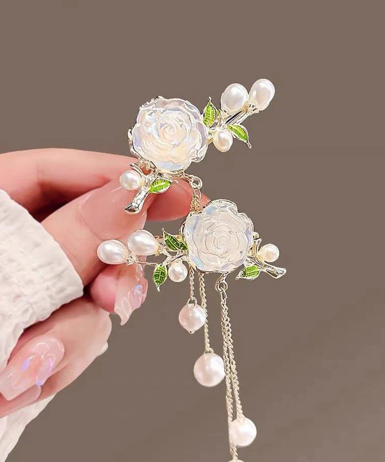 Cute White Alloy Colored Glaze Camellia Pearl Tassel A Pair Hairpin - Image 4