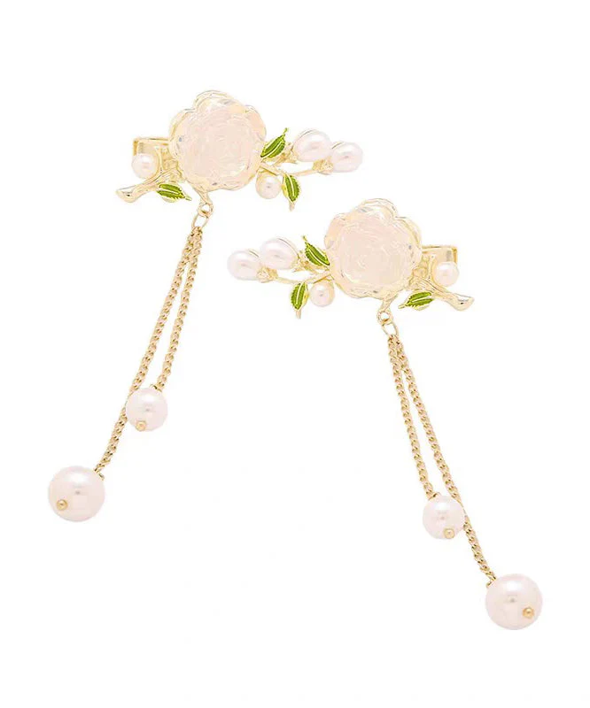 Cute White Alloy Colored Glaze Camellia Pearl Tassel A Pair Hairpin - Image 5