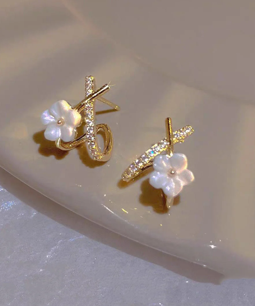 Cute White Copper Ovegild Zircon Cross Floral Stud Earrings