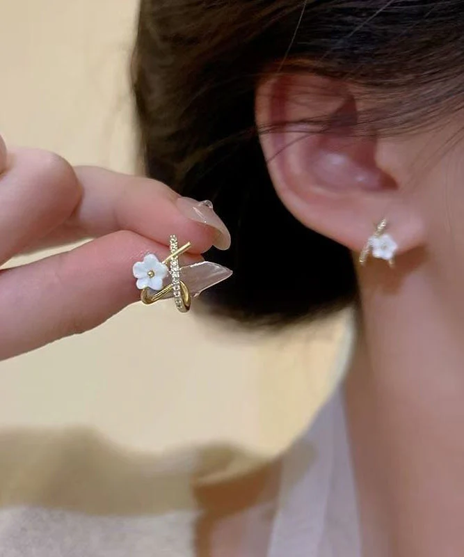 Cute White Copper Ovegild Zircon Cross Floral Stud Earrings - Image 2