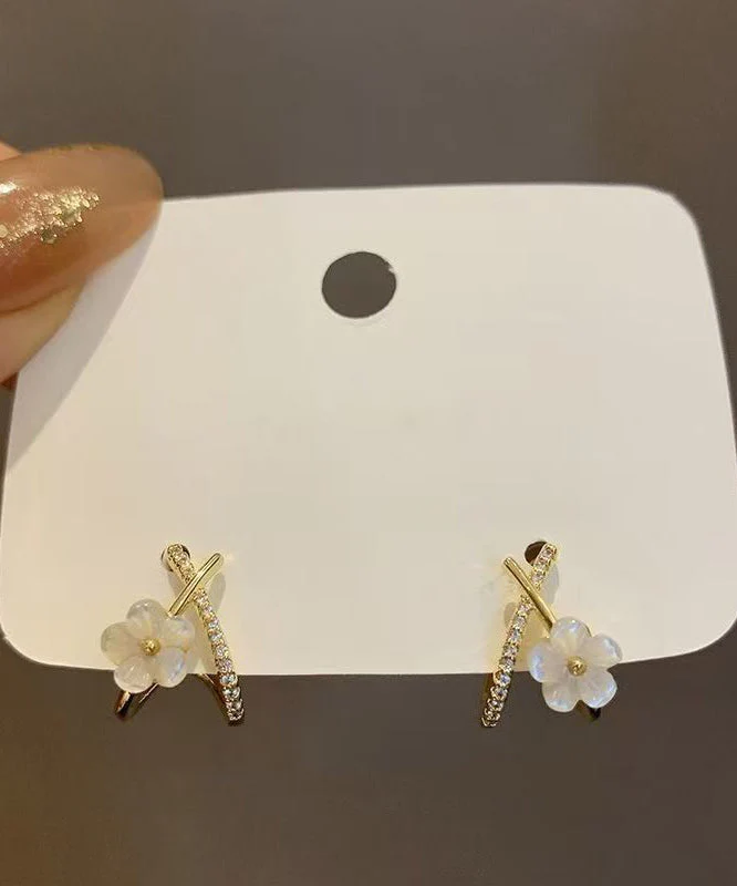 Cute White Copper Ovegild Zircon Cross Floral Stud Earrings - Image 5