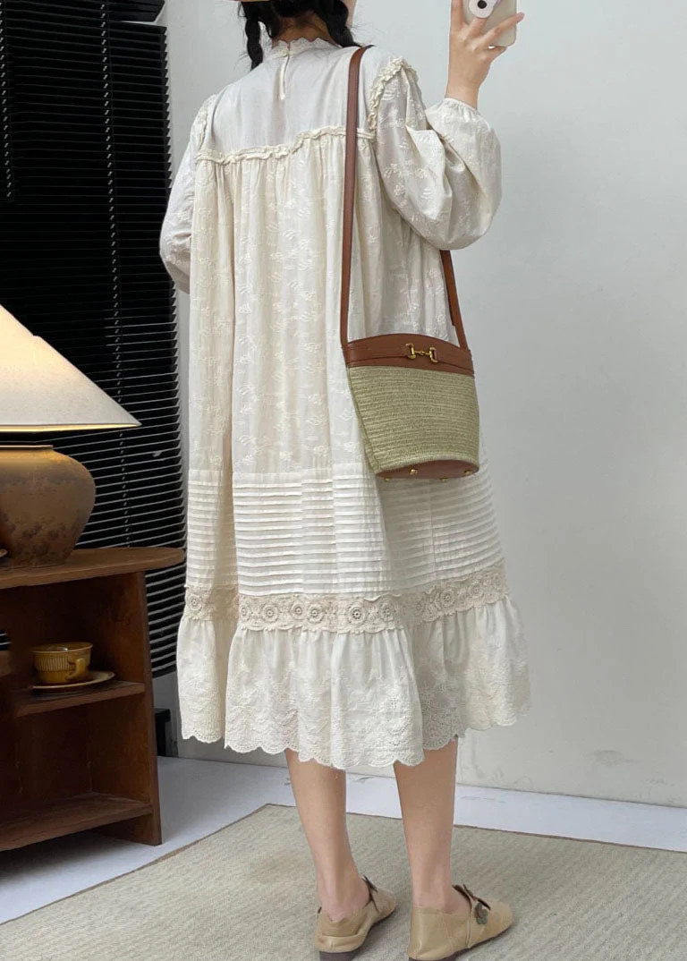 Cute White Embroidered Ruffled Patchwork Wrinkled Cotton Maxi Dress Long Slee - Image 5