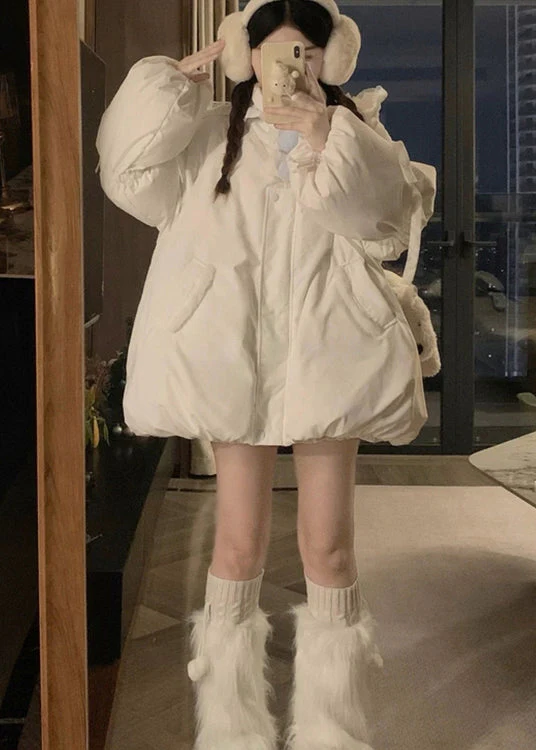 Cute White Hooded Pockets Fine Cotton Filled Jacket Winter - Image 3