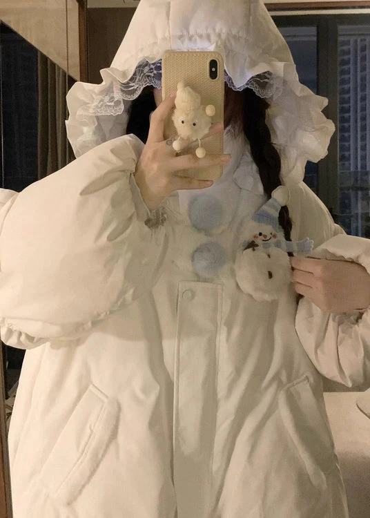 Cute White Hooded Pockets Fine Cotton Filled Jacket Winter - Image 4