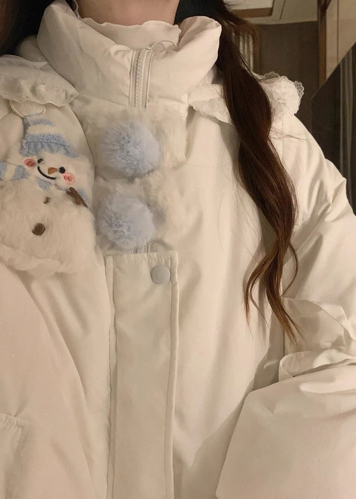 Cute White Hooded Pockets Fine Cotton Filled Jacket Winter - Image 5