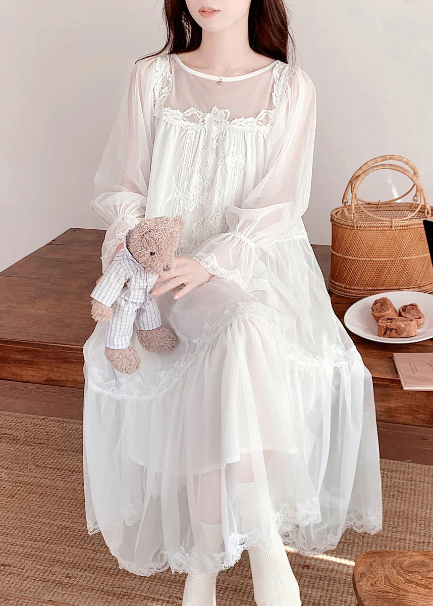 Cute White O-Neck Embroidered Floral Tulle Vacation Long Dresses Long Sleeve - Image 3