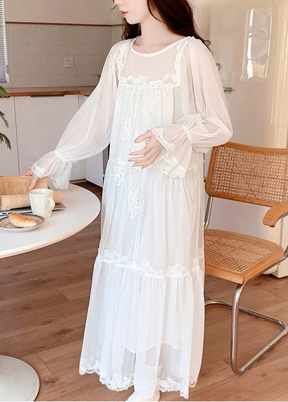 Cute White O-Neck Embroidered Floral Tulle Vacation Long Dresses Long Sleeve - Image 4