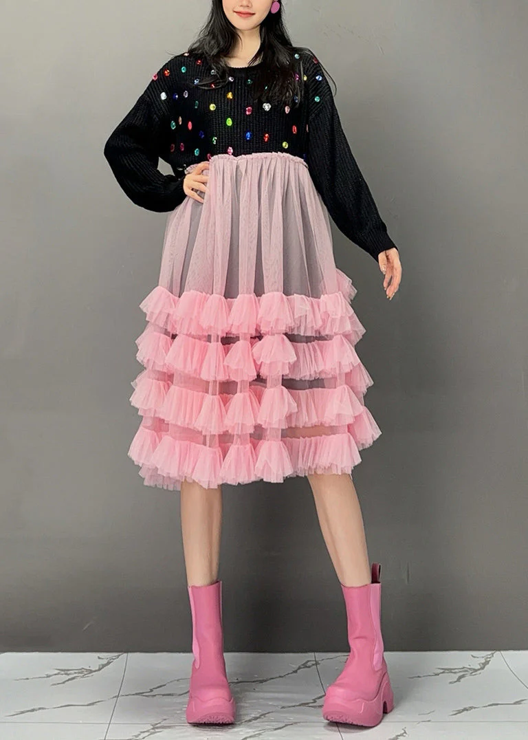 Cute White O-Neck Sequins Knit Patchwork Tulle Maxi Cake Dress Spring - Image 2