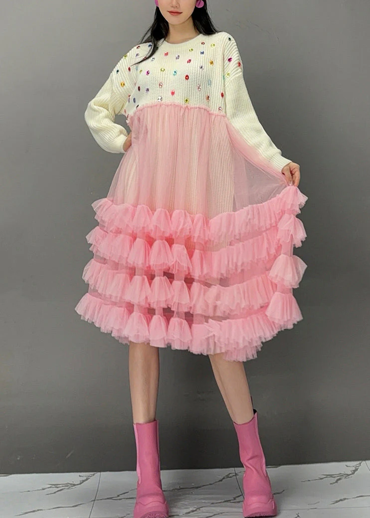 Cute White O-Neck Sequins Knit Patchwork Tulle Maxi Cake Dress Spring - Image 3