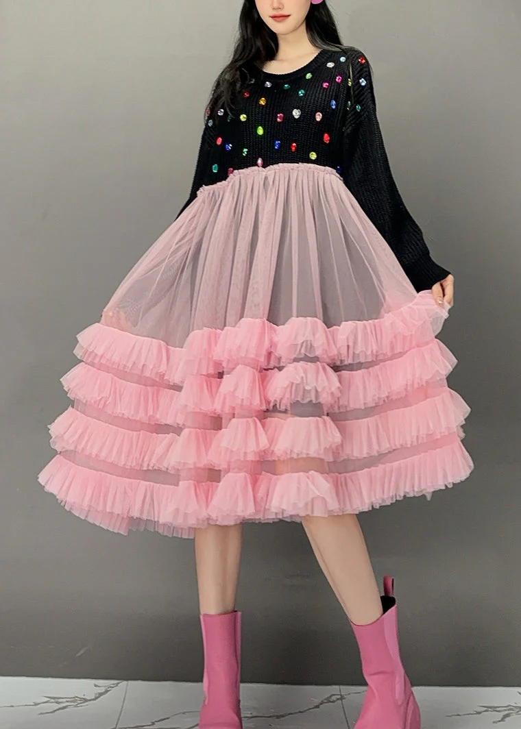 Cute White O-Neck Sequins Knit Patchwork Tulle Maxi Cake Dress Spring - Image 4