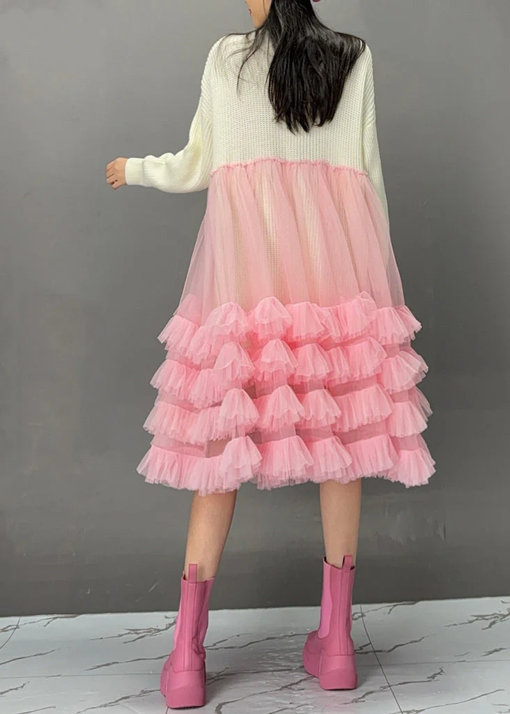 Cute White O-Neck Sequins Knit Patchwork Tulle Maxi Cake Dress Spring - Image 5