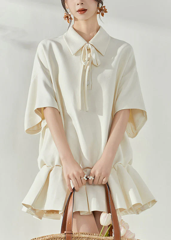 Cute White Peter Pan Collar Tie Lace Mid Dresses Short Sleeve - Image 2