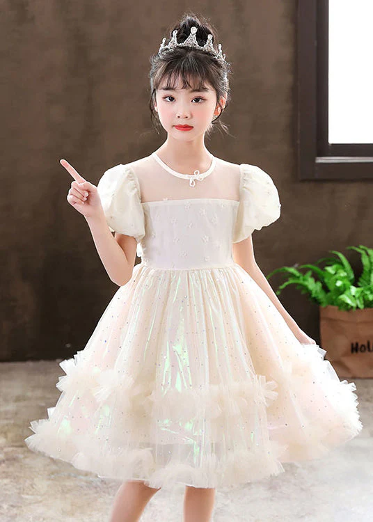 Cute White Puff Sleeve Floral Tulle Kids Girls Dress Summer - Image 2