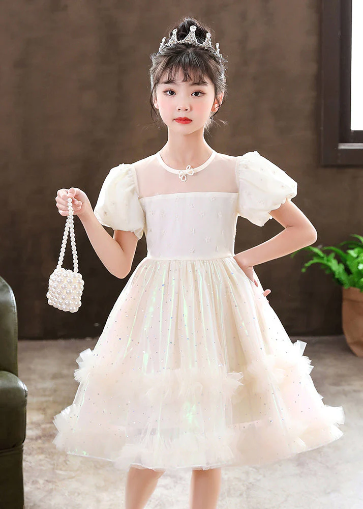 Cute White Puff Sleeve Floral Tulle Kids Girls Dress Summer - Image 3