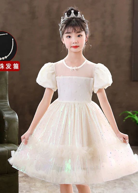 Cute White Puff Sleeve Floral Tulle Kids Girls Dress Summer - Image 4