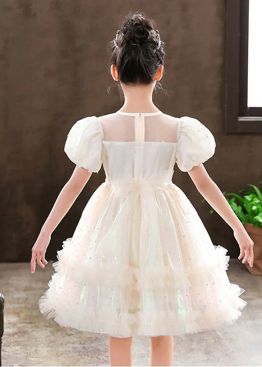 Cute White Puff Sleeve Floral Tulle Kids Girls Dress Summer - Image 5