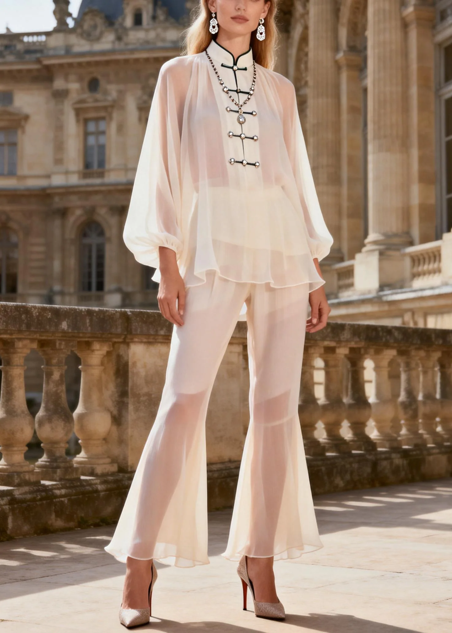 Cute White Stand Collar Chiffon Shirts And Flared Trousers Two Pieces Set Lantern Sleeve - Image 3