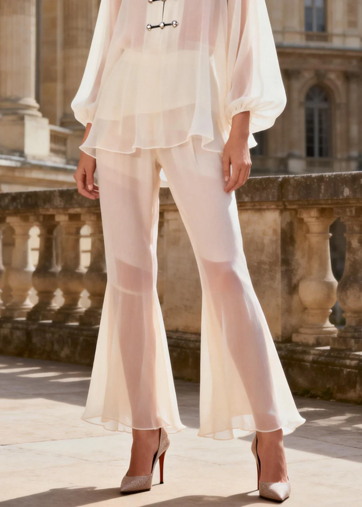 Cute White Stand Collar Chiffon Shirts And Flared Trousers Two Pieces Set Lantern Sleeve - Image 4