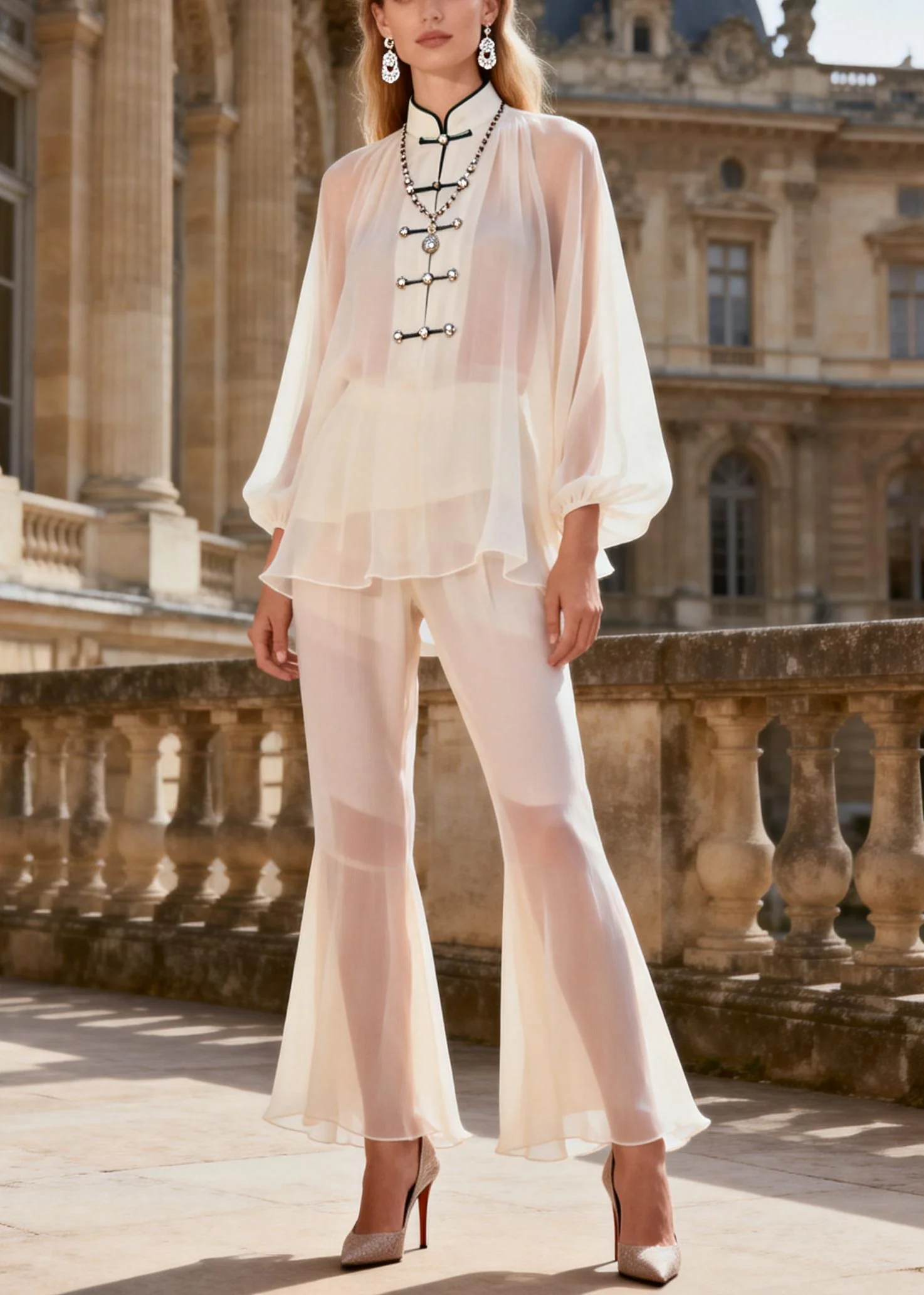 Cute White Stand Collar Chiffon Shirts And Flared Trousers Two Pieces Set Lantern Sleeve - Image 5