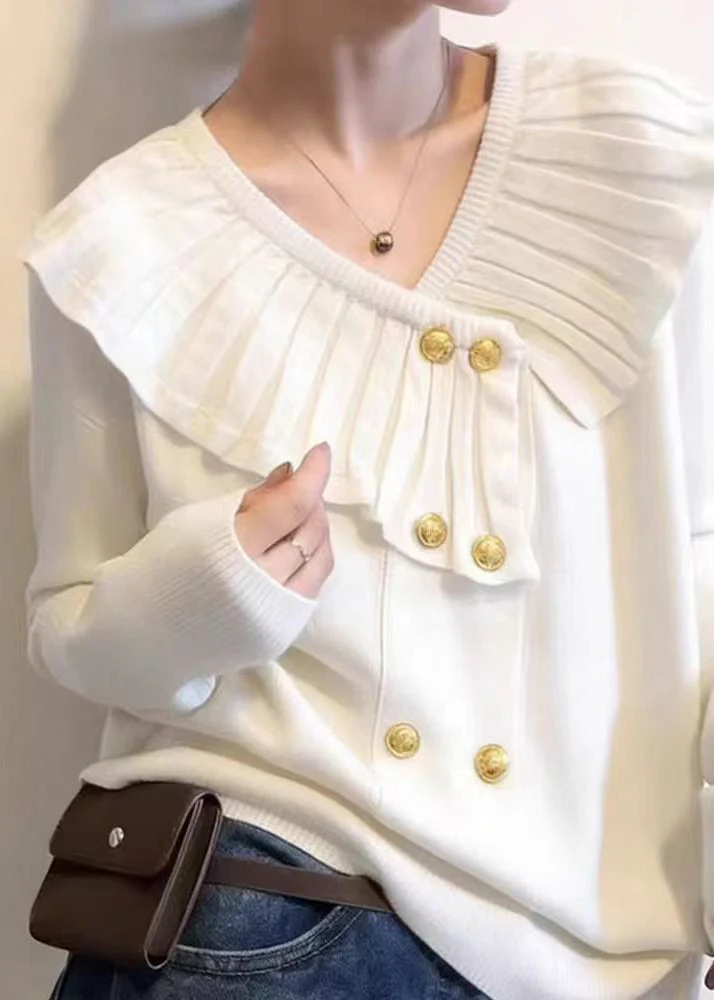 Cute White V Neck Cotton Knit Sweater Spring - Image 3