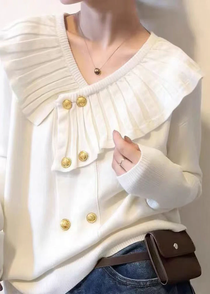Cute White V Neck Cotton Knit Sweater Spring - Image 4