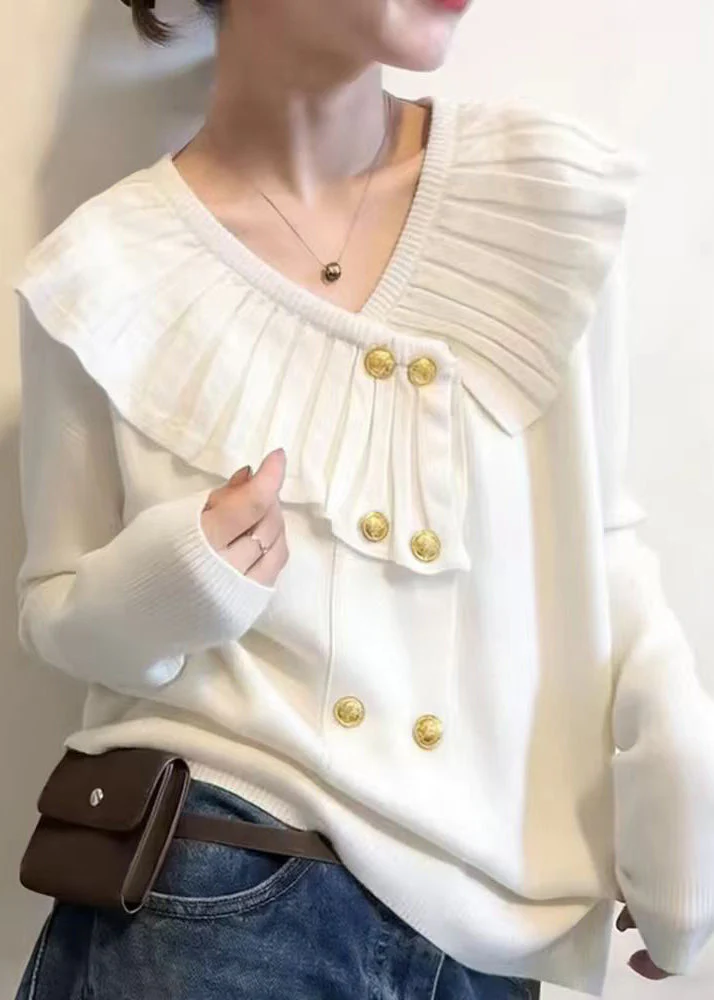 Cute White V Neck Cotton Knit Sweater Spring - Image 5
