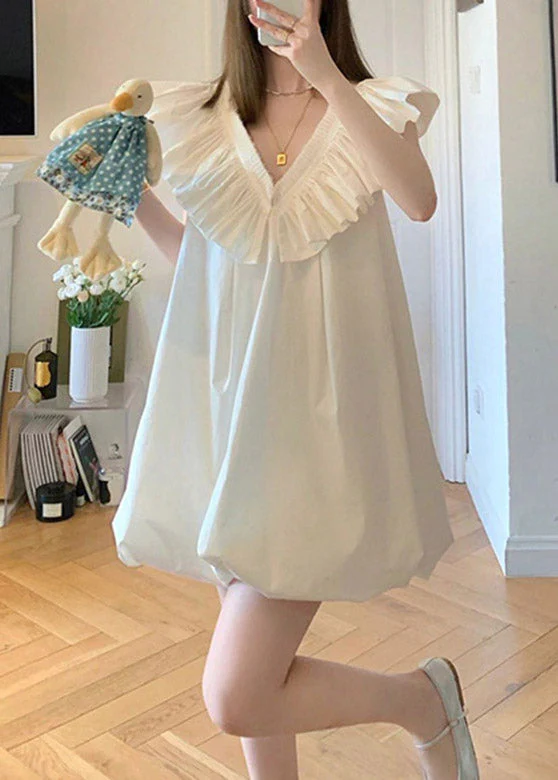 Cute White V Neck Ruffled Mid Dress Short Sleeve - Image 2