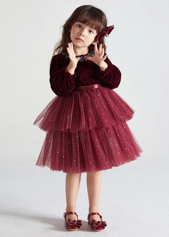 Cute Wine Red Ruffled Tulle Patchwork Warm Fleece Kids Girls Dress Fall - Image 2