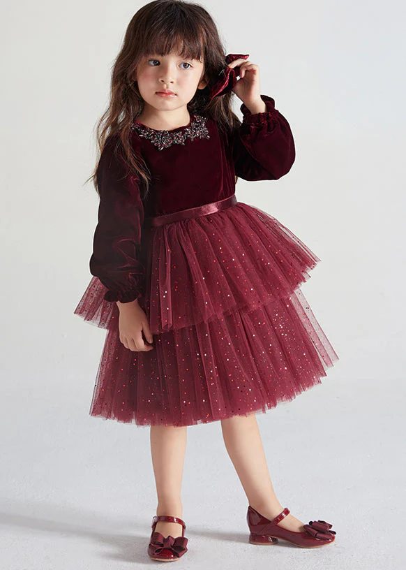 Cute Wine Red Ruffled Tulle Patchwork Warm Fleece Kids Girls Dress Fall - Image 3