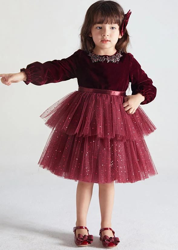 Cute Wine Red Ruffled Tulle Patchwork Warm Fleece Kids Girls Dress Fall - Image 4