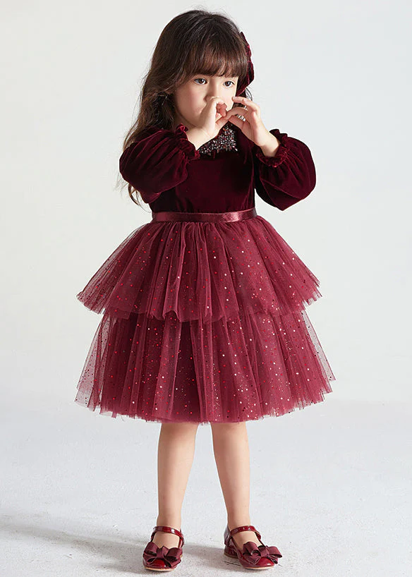 Cute Wine Red Ruffled Tulle Patchwork Warm Fleece Kids Girls Dress Fall - Image 5