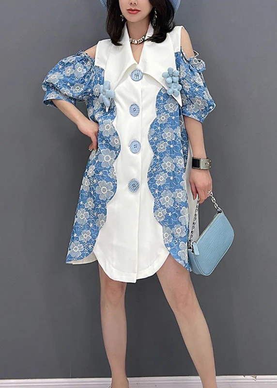 Cute Women Blue Peter Pan Collar Print Button Shirts Mid Dress Sleeve - Image 2