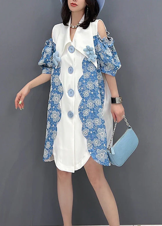 Cute Women Blue Peter Pan Collar Print Button Shirts Mid Dress Sleeve - Image 3