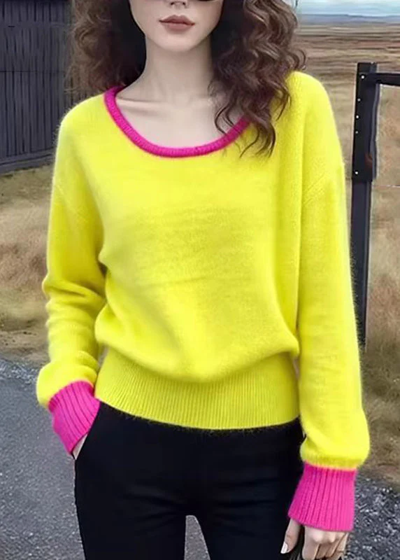 Cute Yellow O-Neck Patchwork Cotton Knit Sweater Spring