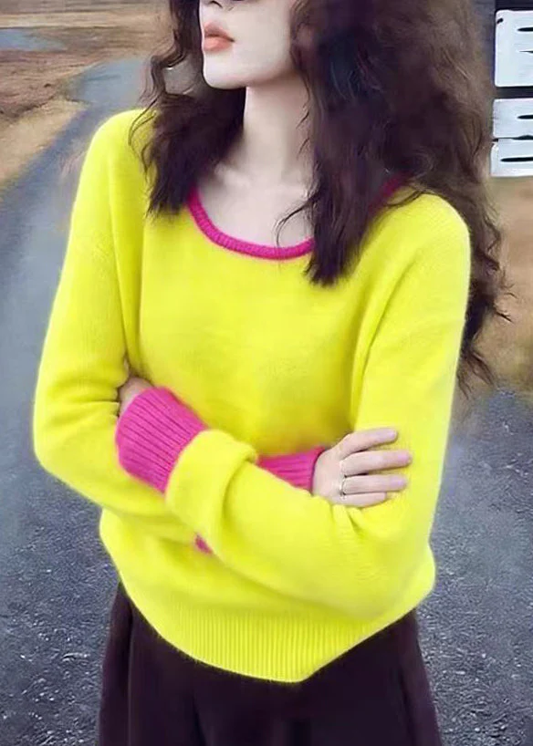 Cute Yellow O-Neck Patchwork Cotton Knit Sweater Spring - Image 2