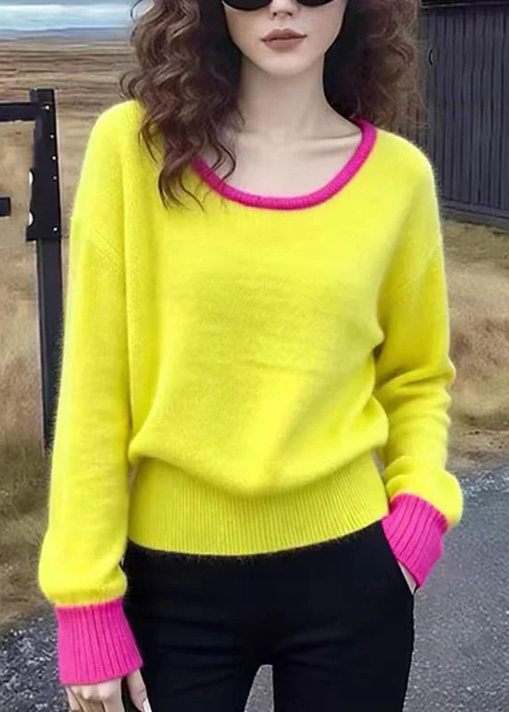 Cute Yellow O-Neck Patchwork Cotton Knit Sweater Spring - Image 3