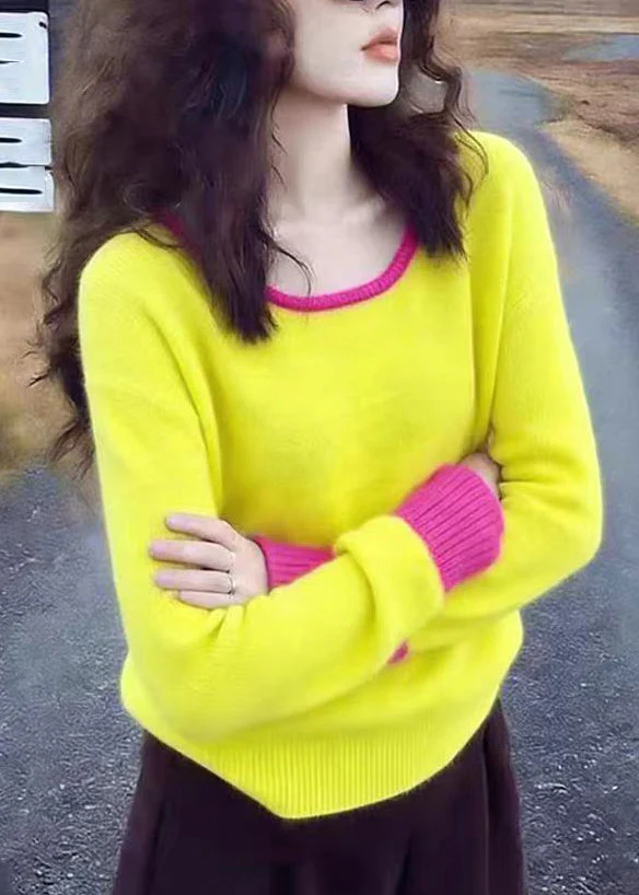 Cute Yellow O-Neck Patchwork Cotton Knit Sweater Spring - Image 4