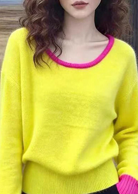 Cute Yellow O-Neck Patchwork Cotton Knit Sweater Spring - Image 5