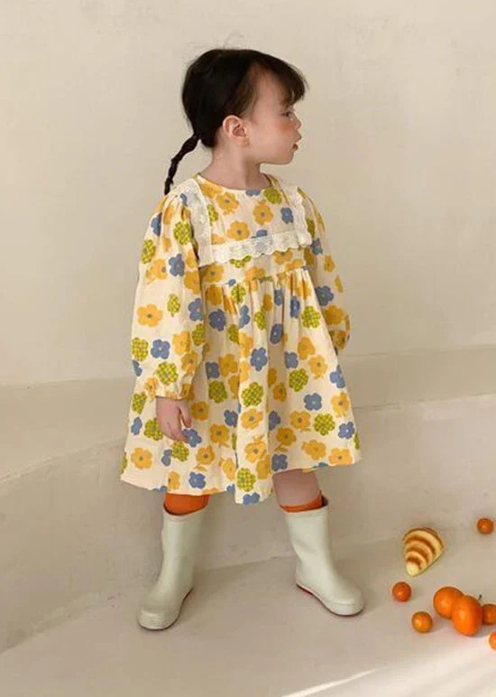 Cute Yellow O Neck Print Cotton Kids Girls Robe Dresses Fall - Image 2
