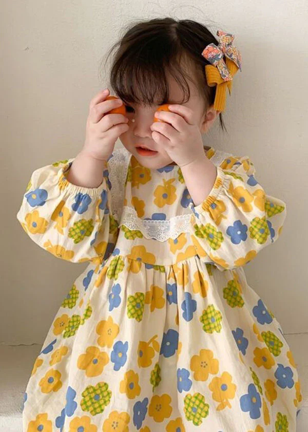 Cute Yellow O Neck Print Cotton Kids Girls Robe Dresses Fall - Image 5